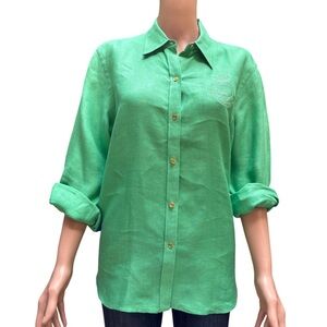 Lauren Ralph Lauren Green Button Down Shirt with 3/4 Sleeves Large